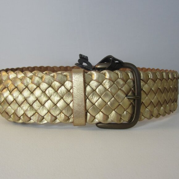 New Fossil Women Medium Gold Metallic Leather Woven Wide Belt Brass Buckle NWT main image 4